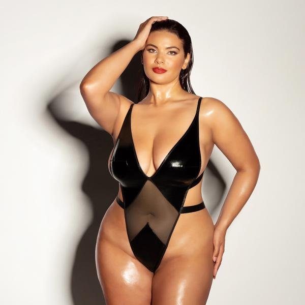 Fetish Limitless Soft Cup High Leg Vinyl & Mesh Teddy Black 1x/2x